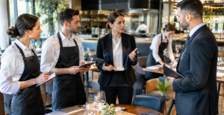 Scenă din restaurant cu echipă de sală și coordonare operațională, relevantă pentru carieră ospătar și evoluția spre șef de sală și manager.