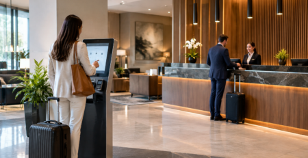Recepție de hotel modernă, ilustrând check-in digital hotel și comparația cu front desk-ul clasic într-un spațiu premium, ordonat și realist.