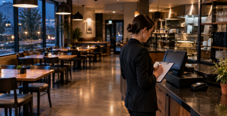 Manager verifică checklist închidere restaurant la final de program, într-o locație curată și securizată pentru plecarea ultimei ture.