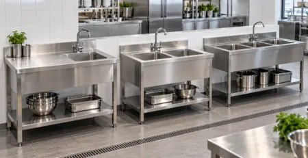 Chiuvetă profesională 1 2 3 cuve într-o bucătărie HoReCa