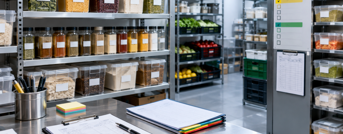 Spațiu de depozitare organizat pentru clasificare stocuri restaurant, cu ingrediente și recipiente etichetate, ordonate după prioritatea de control