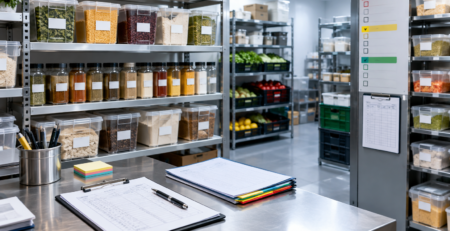 Spațiu de depozitare organizat pentru clasificare stocuri restaurant, cu ingrediente și recipiente etichetate, ordonate după prioritatea de control