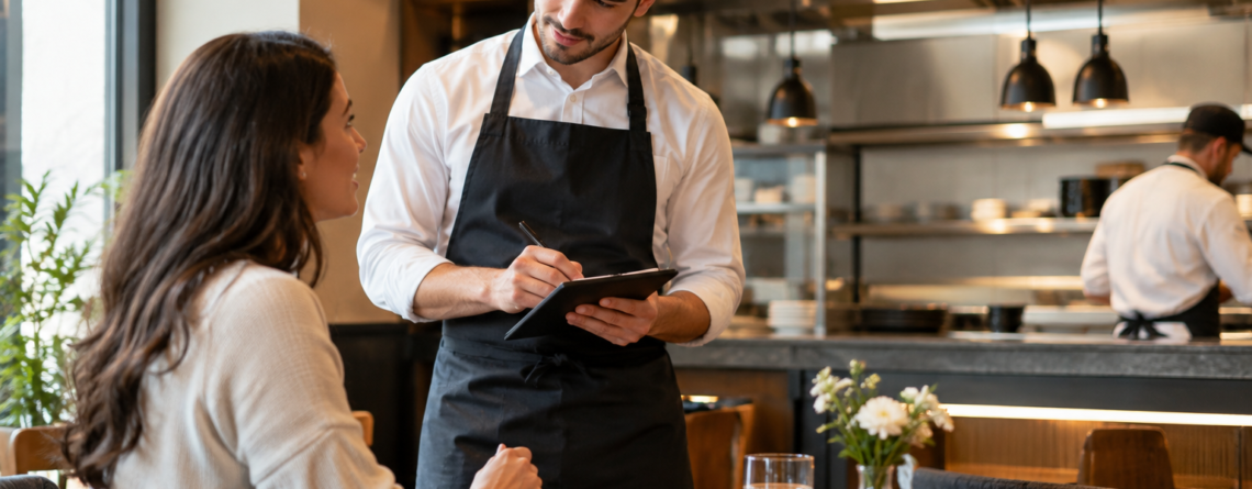 Ospătar într-un restaurant notează o comandă alergeni restaurant și confirmă informațiile esențiale înainte de transmiterea către bucătărie