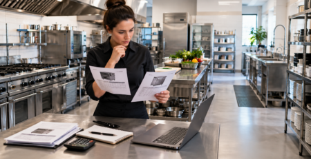 comparare oferte echipamente HoReCa într-o bucătărie profesională, cu posturi de lucru și echipamente organizate logic
