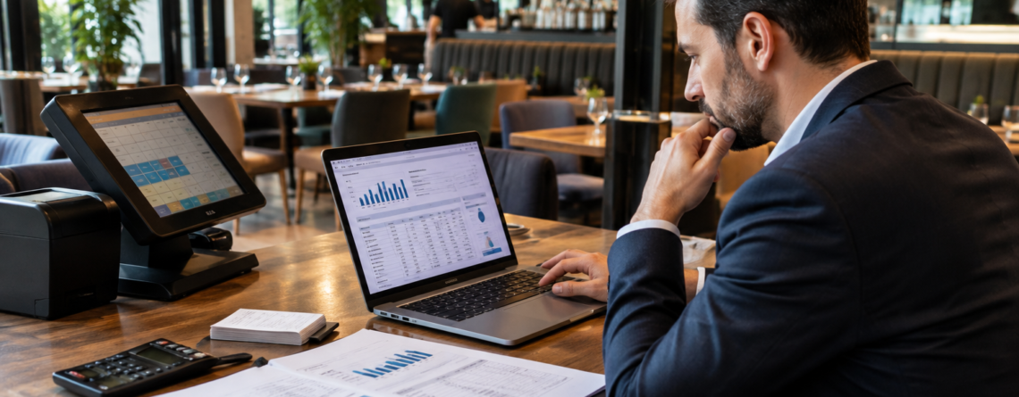 Manager într-un restaurant analizează rapoarte POS și documente de control anulări restaurant, reduceri și produse gratuite la final de zi.