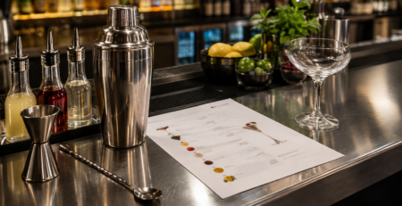 fișă băutură bar pe blat de lucru, lângă shaker, dozator și pahar de servire într-un bar profesional