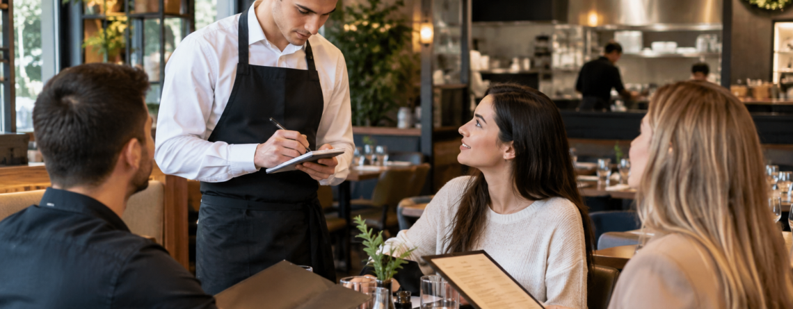 Ospătar la masă într-un restaurant, notând atent comanda în ordinea clienților și marcând modificările preparatelor; ilustrare pentru cum notezi comanda ospătar.