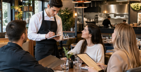 Ospătar la masă într-un restaurant, notând atent comanda în ordinea clienților și marcând modificările preparatelor; ilustrare pentru cum notezi comanda ospătar.