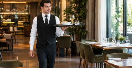 cum se poartă tava ospătar într-un restaurant: ospătar care transportă o tavă de servire echilibrată, cu postură corectă și traseu liber între mese.