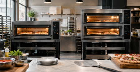 Comparație vizuală pentru cuptor pizza 4 vs 4+4 într-o pizzerie profesională, cu două configurații electrice integrate într-un flux de coacere realist.