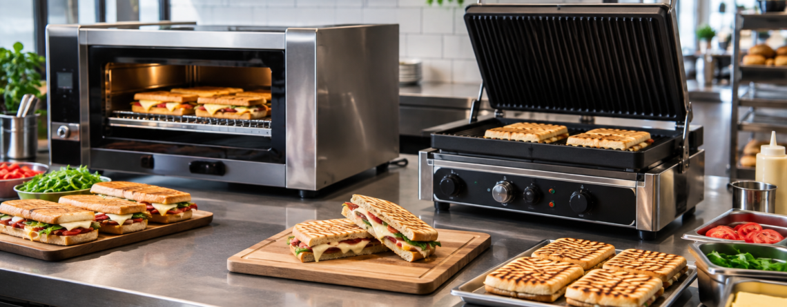 Stație HoReCa pentru Cuptor rapid vs contact grill, cu contact grill profesional și sandwich-uri calde pregătite pentru servire rapidă.