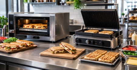 Stație HoReCa pentru Cuptor rapid vs contact grill, cu contact grill profesional și sandwich-uri calde pregătite pentru servire rapidă.