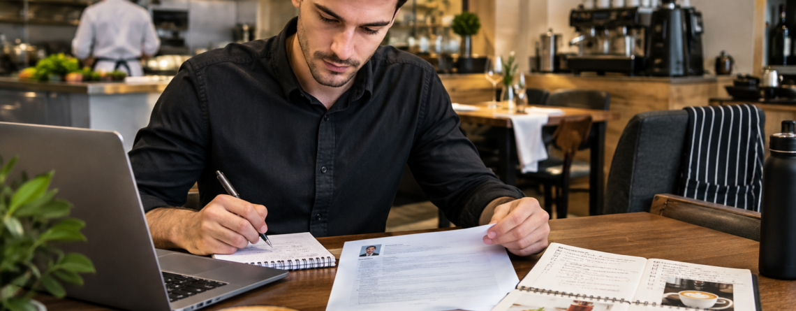 CV HoReCa pregătit pentru un interviu de angajare într-un restaurant, cu notițe profesionale pentru roluri de bucătar, ospătar sau barista