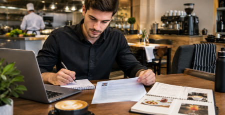 CV HoReCa pregătit pentru un interviu de angajare într-un restaurant, cu notițe profesionale pentru roluri de bucătar, ospătar sau barista