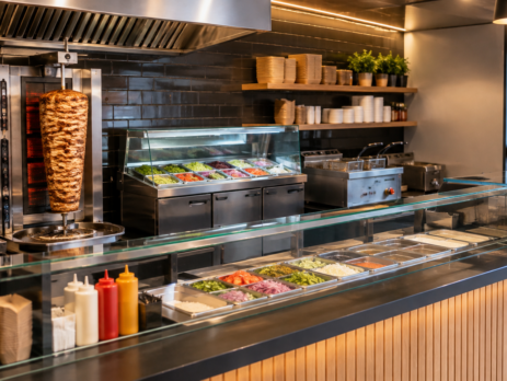 Amenajare de shaormerie cu post de preparare și servire rapidă, ilustrând cum deschizi o shaormerie cu aparat pentru kebab, saladetă și friteuză într-un spațiu eficient.