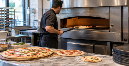 Stație de lucru din pizzerie profesională care ilustrează diametru pizza și capacitate cuptor, cu pizza de dimensiuni diferite pregătite lângă cuptor