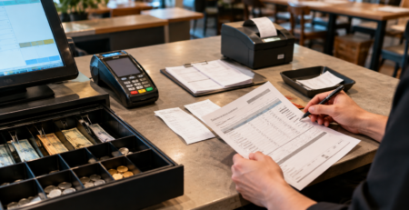diferențe casă restaurant verificate la finalul turei, cu numerar, terminal de plată și raport zilnic la punctul de încasare