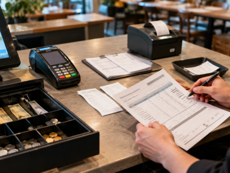 diferențe casă restaurant verificate la finalul turei, cu numerar, terminal de plată și raport zilnic la punctul de încasare