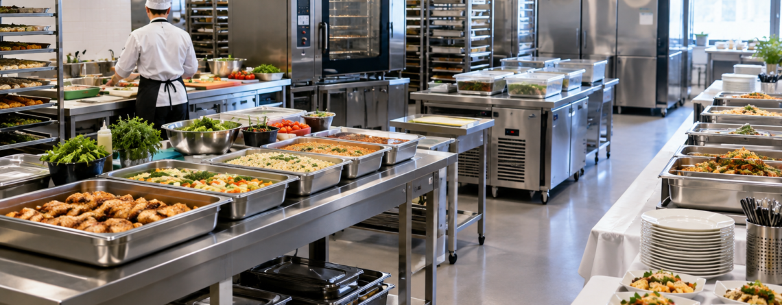 Scenă de bucătărie profesională pentru dimensionare catering eveniment, cu tăvi GN, zonă de producție organizată și flux pregătit pentru loturi, porții pe oră și servire la volum