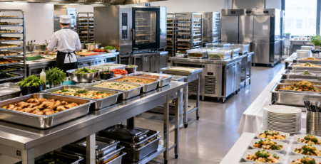 Scenă de bucătărie profesională pentru dimensionare catering eveniment, cu tăvi GN, zonă de producție organizată și flux pregătit pentru loturi, porții pe oră și servire la volum