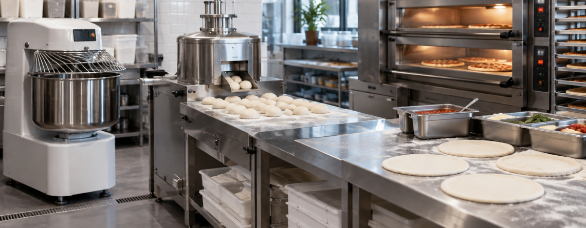 Linie profesională de pizza pentru dimensionare echipamente pizzerie, cu zonă de malaxare, porționare a aluatului și cuptor pregătit pentru flux constant