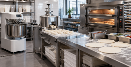 Linie profesională de pizza pentru dimensionare echipamente pizzerie, cu zonă de malaxare, porționare a aluatului și cuptor pregătit pentru flux constant