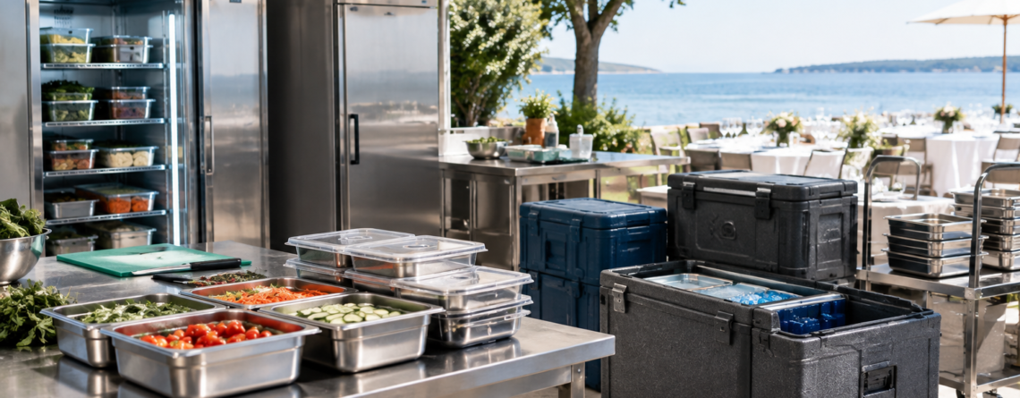 Scenă HoReCa despre dimensionare refrigerare catering pentru un eveniment de vară, cu echipamente frigorifice profesionale, cutii termoizolante și tăvi pregătite pentru stoc rece și transport controlat.