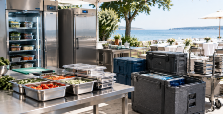 Scenă HoReCa despre dimensionare refrigerare catering pentru un eveniment de vară, cu echipamente frigorifice profesionale, cutii termoizolante și tăvi pregătite pentru stoc rece și transport controlat.