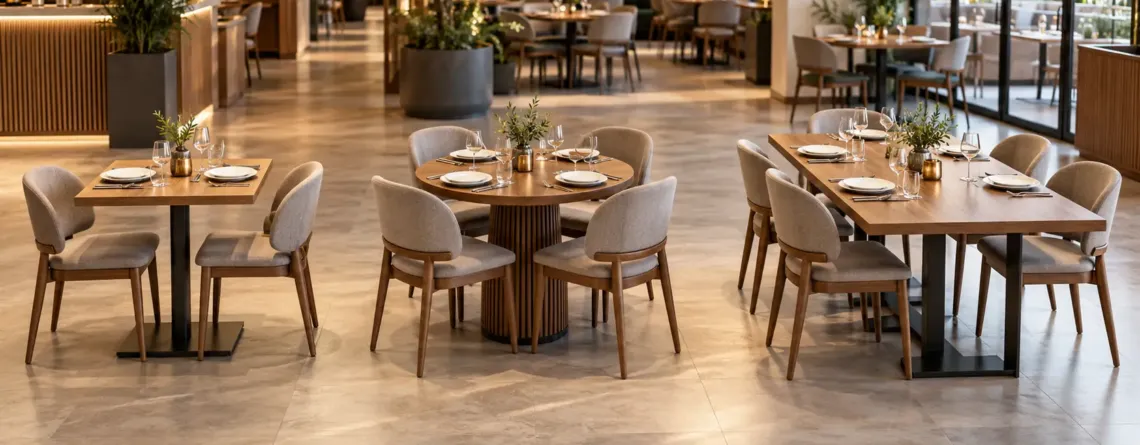 Mese de restaurant configurate pentru două, patru și șase persoane