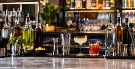 Stație de bar profesional cu accesorii pentru dozare alcool bar, sticle, măsură de bar și instrumente pentru porționare constantă a cocktailurilor.