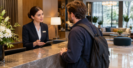Recepționer într-un hotel explicând calm o procedură de early check-in late check-out unui oaspete, într-o zonă de recepție modernă și bine organizată.