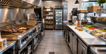 Planificare echipamente burgerie într-o bucătărie fast-food profesională, cu stație de gătire, refrigerare și montaj organizate eficient.
