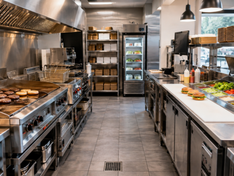 Planificare echipamente burgerie într-o bucătărie fast-food profesională, cu stație de gătire, refrigerare și montaj organizate eficient.