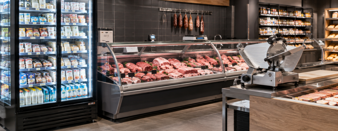 Echipamente magazin alimentar: vitrine frigorifice și feliator la tejghea