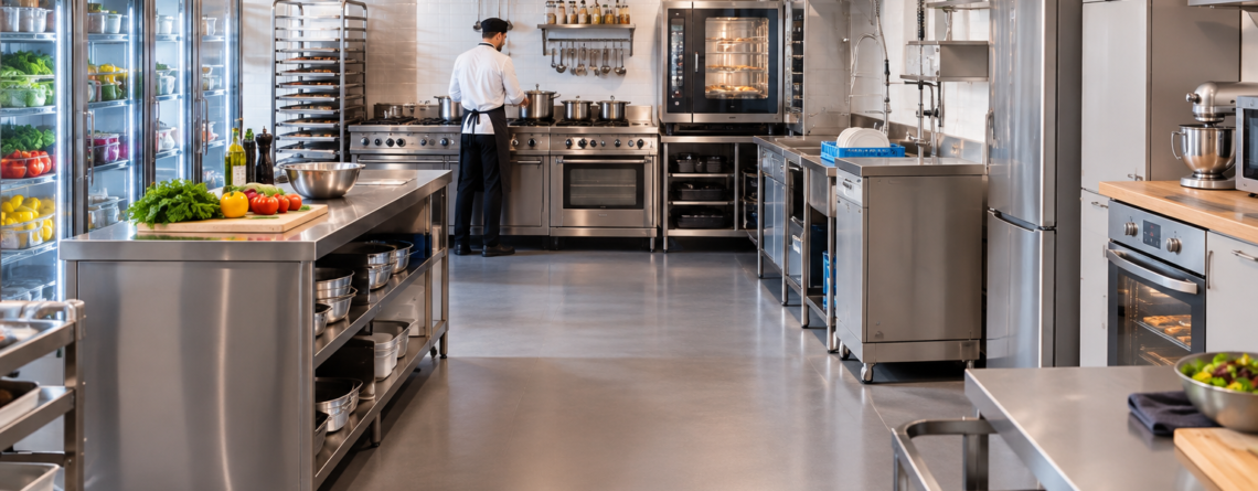 Scenă din bucătărie comercială care ilustrează alegerea dintre echipamente profesionale HoReCa și aparate de uz casnic, cu zone de refrigerare, spălare și coacere organizate ergonomic pentru lucru intensiv.