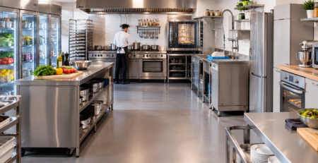 Scenă din bucătărie comercială care ilustrează alegerea dintre echipamente profesionale HoReCa și aparate de uz casnic, cu zone de refrigerare, spălare și coacere organizate ergonomic pentru lucru intensiv.