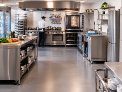 Scenă din bucătărie comercială care ilustrează alegerea dintre echipamente profesionale HoReCa și aparate de uz casnic, cu zone de refrigerare, spălare și coacere organizate ergonomic pentru lucru intensiv.