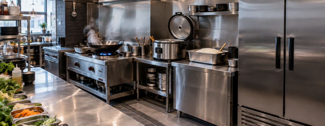echipamente restaurant asiatic într-o bucătărie HoReCa cu wok, orez și refrigerare