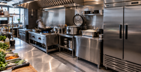 echipamente restaurant asiatic într-o bucătărie HoReCa cu wok, orez și refrigerare