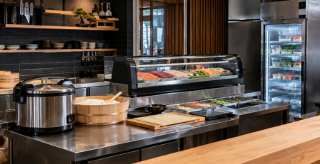 echipamente sushi într-un bar profesional cu zonă de orez și vitrină rece
