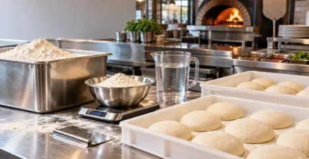 Făină pentru pizza și aluat porționat într-o pizzerie profesională