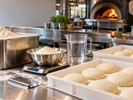 Făină pentru pizza și aluat porționat într-o pizzerie profesională