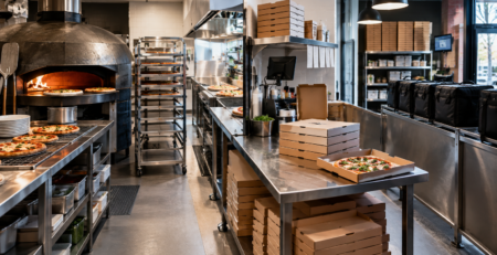 flux pizza delivery într-o pizzerie profesională, cu stații separate pentru coacere, ambalare și predarea comenzilor în orele de vârf.