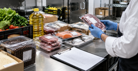Scenă din recepția unei bucătării profesionale, cu ingrediente ambalate, etichete și listă de verificare pentru fraudă alimentară HoReCa.