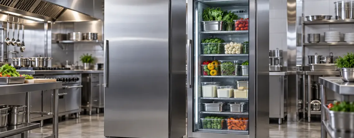 Frigider inox cu ușă plină lângă frigider cu uși de sticlă