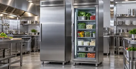 Frigider inox cu ușă plină lângă frigider cu uși de sticlă