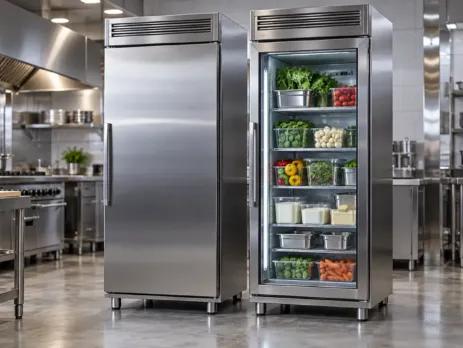 Frigider inox cu ușă plină lângă frigider cu uși de sticlă