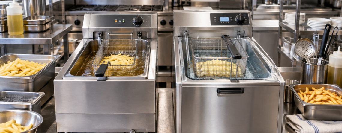 Comparație vizuală friteuză apă ulei vs clasică într-o bucătărie profesională, cu stație de prăjire curată și echipamente HoReCa din inox.