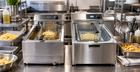 Comparație vizuală friteuză apă ulei vs clasică într-o bucătărie profesională, cu stație de prăjire curată și echipamente HoReCa din inox.