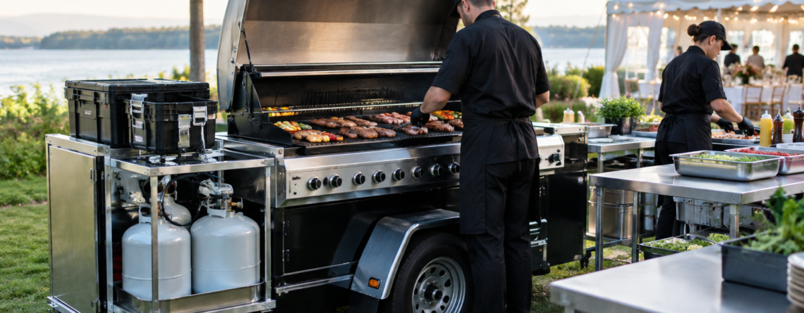 grill mobil catering într-o stație outdoor profesională, cu zonă de gătire organizată pentru transport eficient, combustibil adecvat și lucru susținut la evenimente